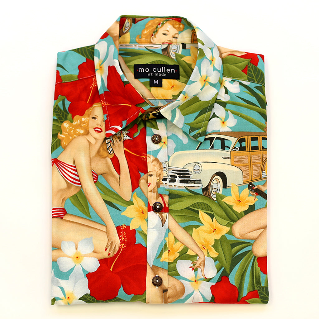 Mo Cullen Shirtsmith - Aloha Girls retro shirt in Teal (folded) - Made in New Zealand