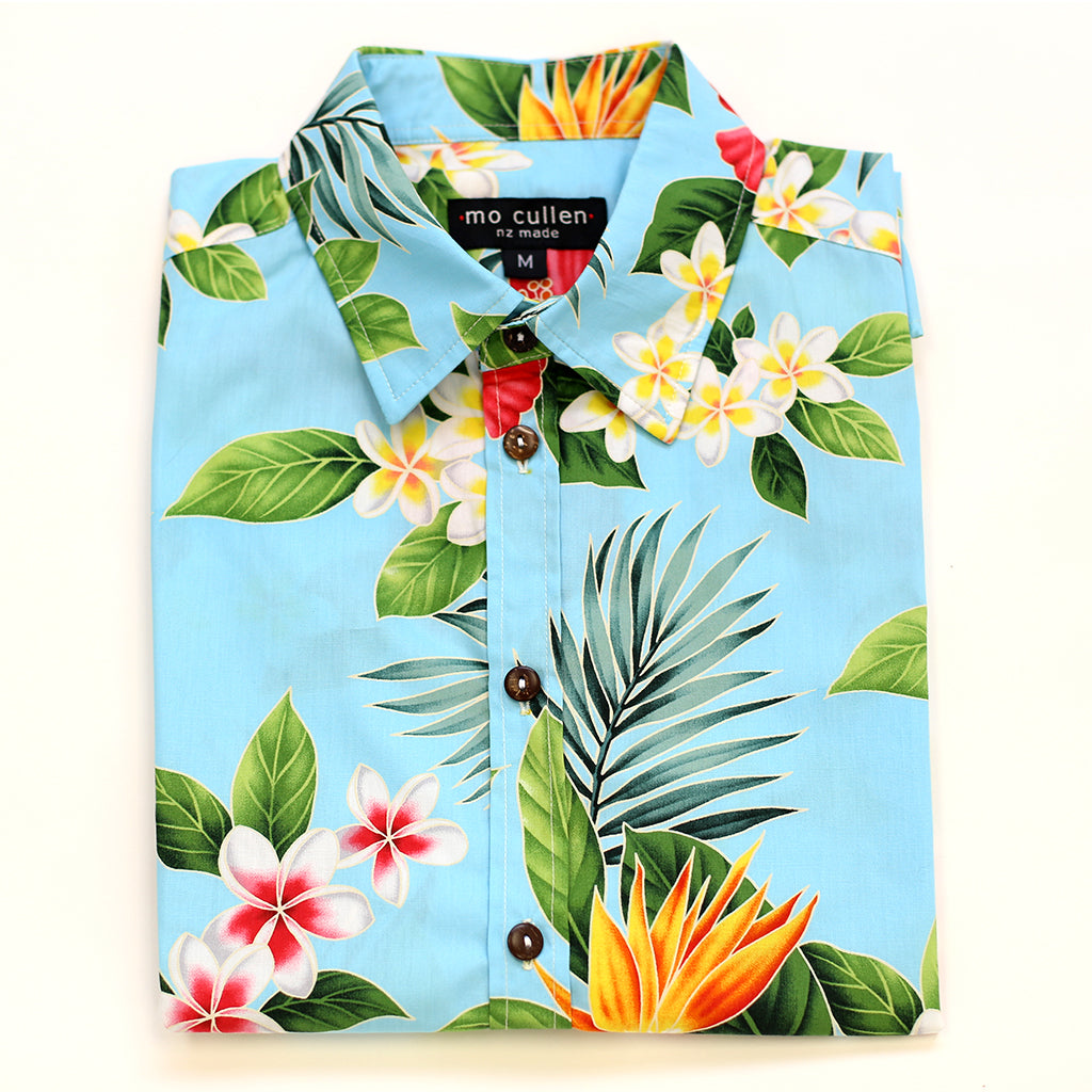 Mo Cullen Shirtsmith - Frangipani retro shirt (folded) - Made in New Zealand