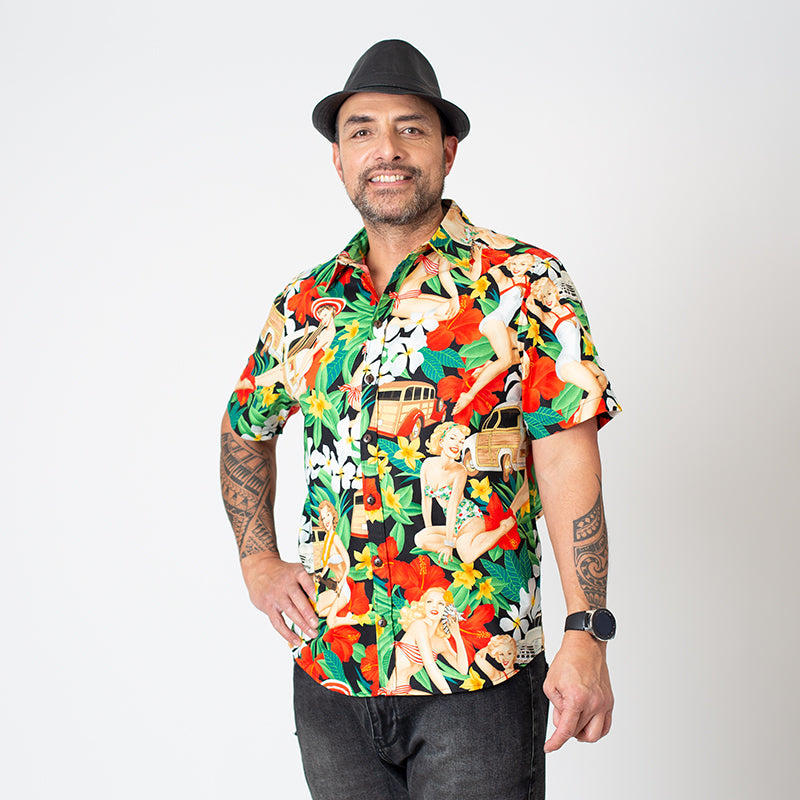 Mo Cullen Shirtsmith - Aloha Girls retro shirt in Black (front) - Made in New Zealand